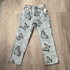 Pacsun Butterfly Print High Rise Straight Leg Jeans, Raw Hem, New with Tags